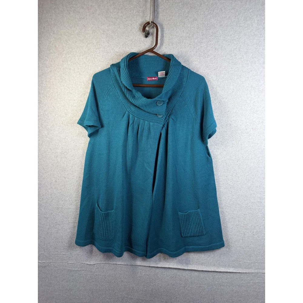 Extra Touch Cardigan Sweater Womens 1X Blue Cowl Neck Short Sleeve Open Pockets